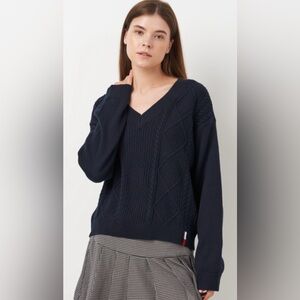 Tommy Hilfiger Womens Navy Cable Knit Long Sleeve V Neck Sweater Size XL NWOT